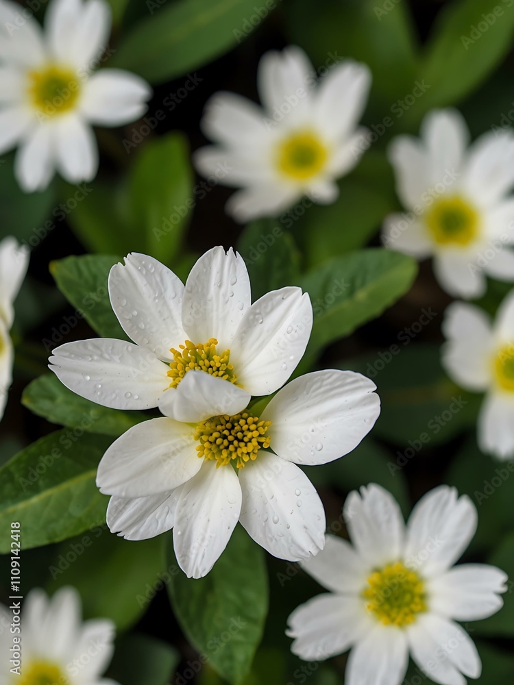 Fototapeta premium White petals against green leaves, showcasing beauty.