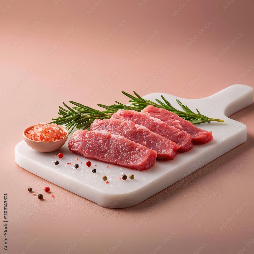 Fototapeta premium Fresh Raw Meat on Cutting Board with Seasoning