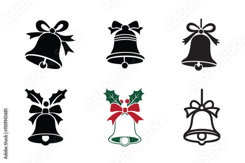 Silhouette Christmas bells with bows and holly isolated with white background. Xmas holiday decoration and accessories.