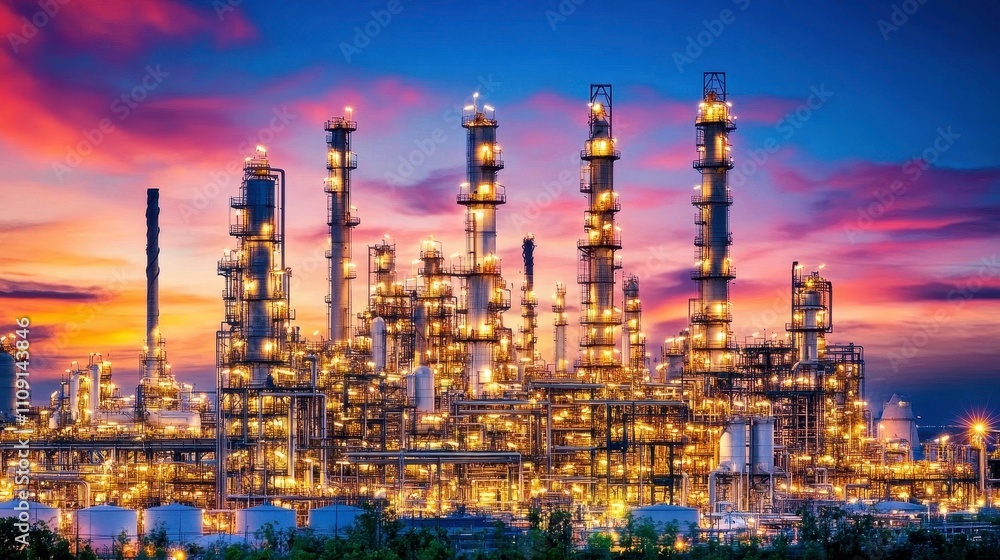 Obraz premium Vibrant Oil Refinery at Dusk with Industrial Silhouettes