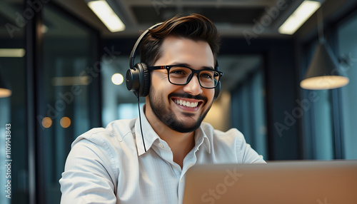 Portrait, man and headphones with happy as agent or financial advisor in insurance company. Male person, smile and laptop in office, building and firm in coworking space, business or customer servic photo