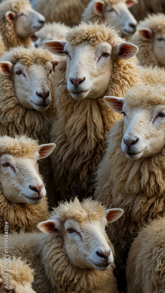 Obraz premium White sheep huddled together in a cluster.