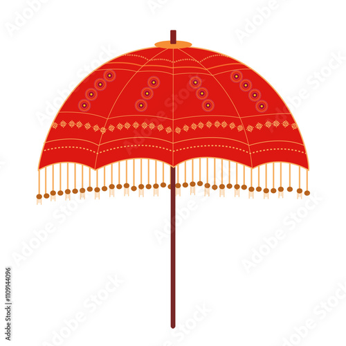 Decorative red umbrella with colorful ethnic mughal pattern and tassle hangings for indian wedding ceremony invitation design, haldi event, mehendi card, sangeet night, roka, reception, baarat, doli