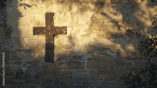 Cross symbol formed by shadows on a wall during sunset, creating an abstract visual effect.