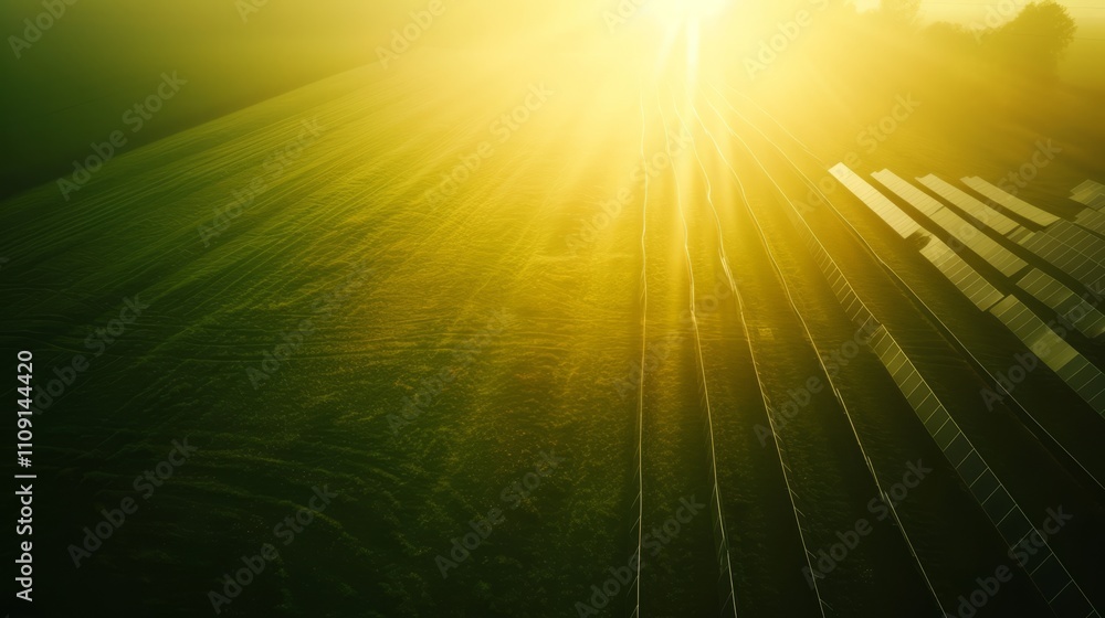 Obraz premium Many solar panels are absorbing sunlight during a beautiful sunset in field, top view