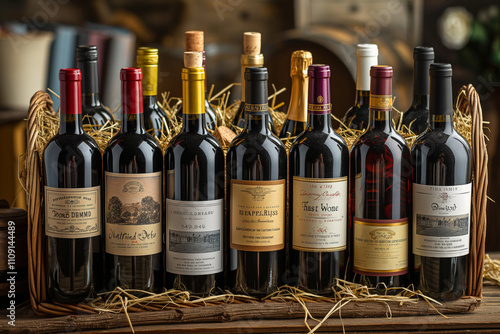 Exquisite collection of red wines arranged elegantly on a wooden display. Generative AI