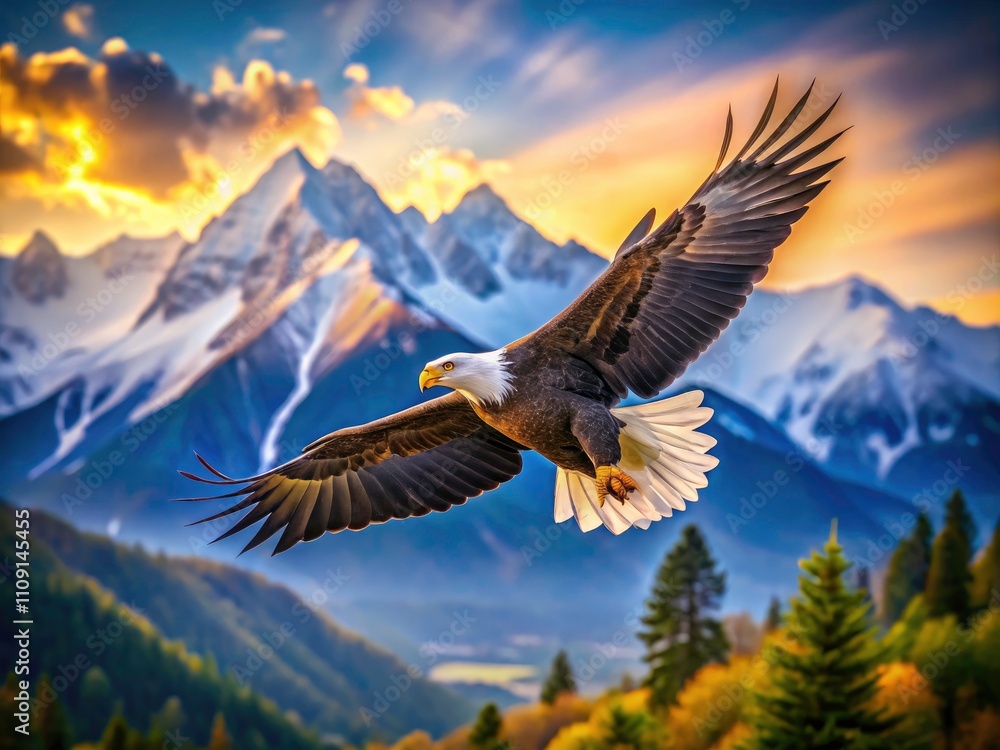 Fototapeta premium Majestic American Bald Eagle Soaring Above Mountains - Tilt-Shift Photography