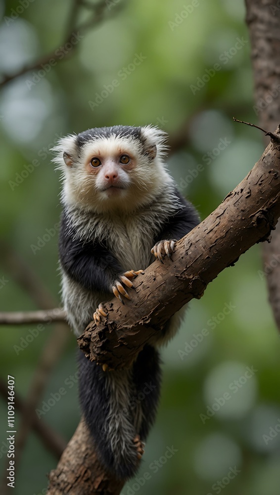 Obraz premium White-headed marmoset perched on a branch.