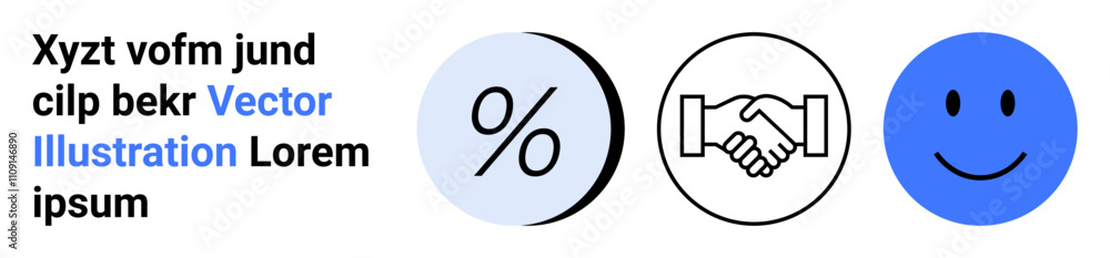 Fototapeta premium Three icons, percentage sign, handshake, and happy face. Text phrases to the side. Ideal for business, finance, partnership, contracts, agreements, customer satisfaction, presentations Landing page