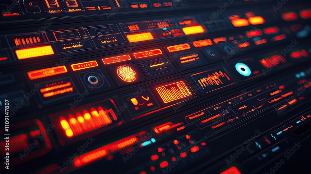 Futuristic Technology Interface Digital Dashboard Design with Glowing Red and Orange Controls Futuristic Technology Interface Digital Dashboard Design with Glowing Red and Orange Controls