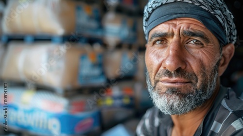 A person wearing a bandana looks directly at the camera photo