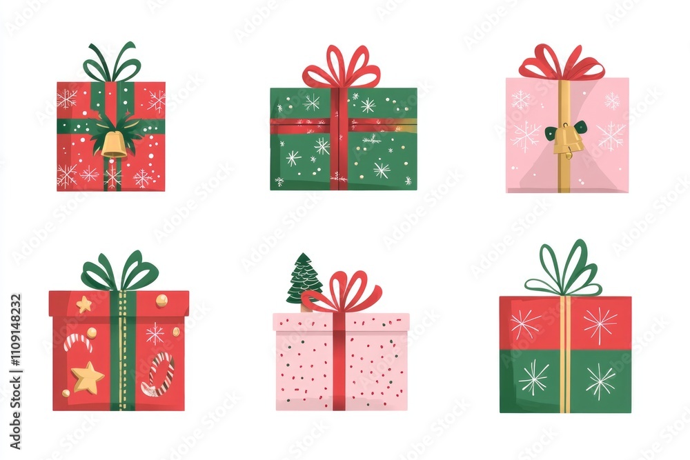 Fototapeta premium Four Christmas presents wrapped in colorful paper and decorated with ribbons and bows