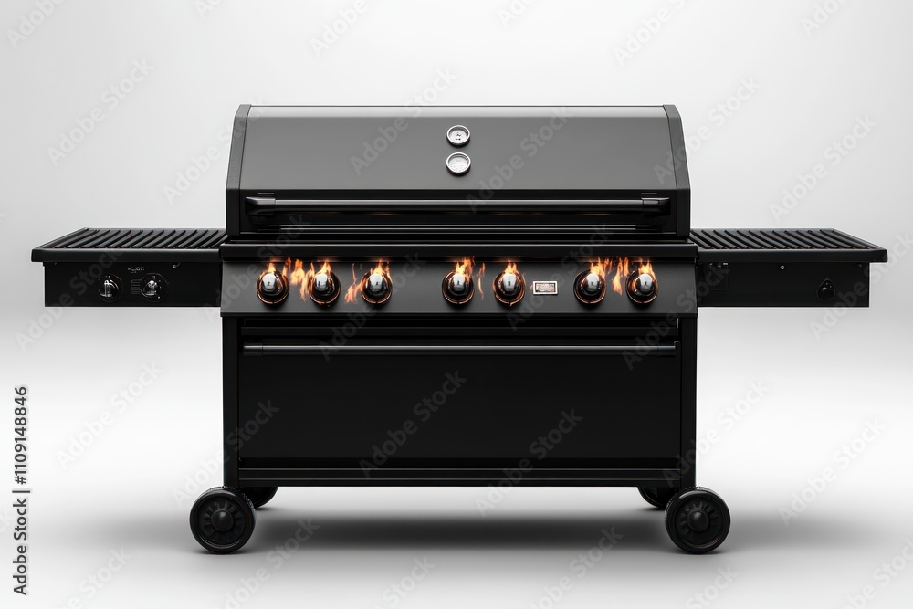 Obraz premium Black gas grill with six burners, open side shelves, and lit flames.
