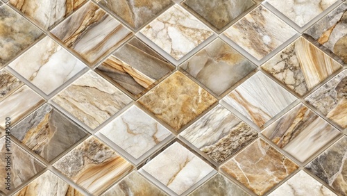 A seamless pattern of diamond-shaped tiles featuring intricate natural stone textures in shades of brown, beige, and white, creating a visually appealing and elegant design.