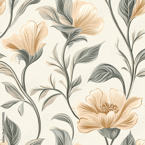 Elegant Floral Pattern  Beige and Gray Flowers Seamless Design