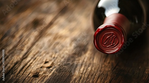 Close-up of red wine bottle with wax seal on rustic wooden table.