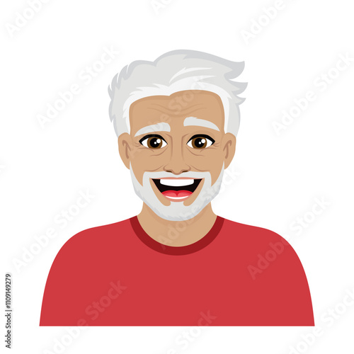 Portrait of a happy old man with a beard vector illustration. Smiling bearded older man icon isolated on a white background. Cheerful handsome old guy with gray hair cartoon style