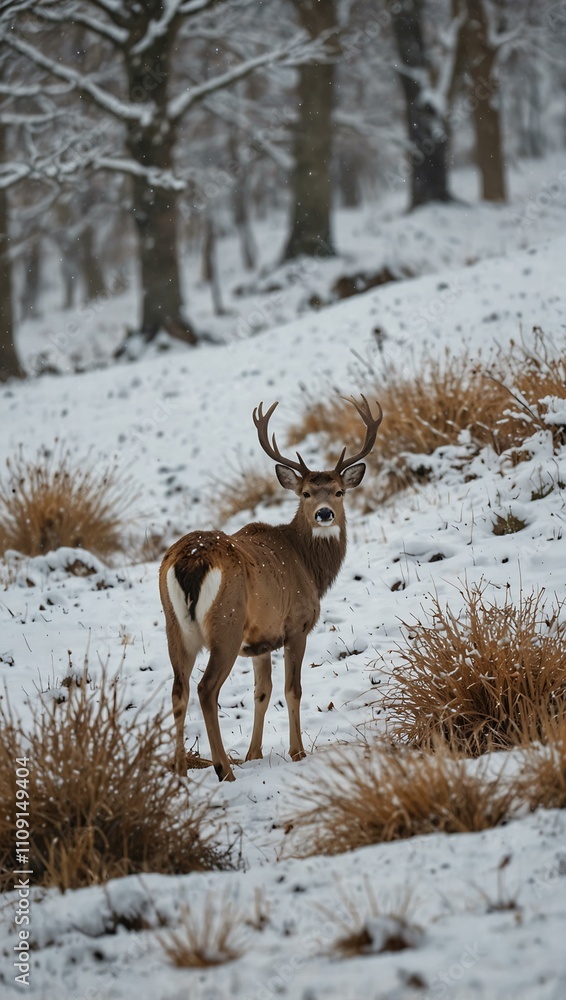 Obraz premium Wild deer in a snowy winter landscape.