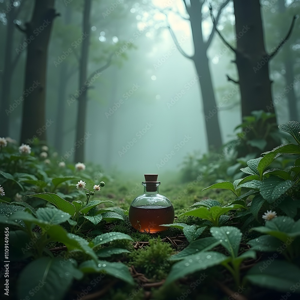 Enchanted Grove: Mystical Brew amidst Dewy Flora Enchanted Grove: Mystical Brew amidst Dewy Flora