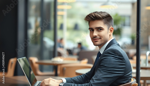 side view portrait of confident young man in formalwear sitting in business cafe with laptop and looking at camera. Businessman and workplace concept isolated highlighted by white, png photo