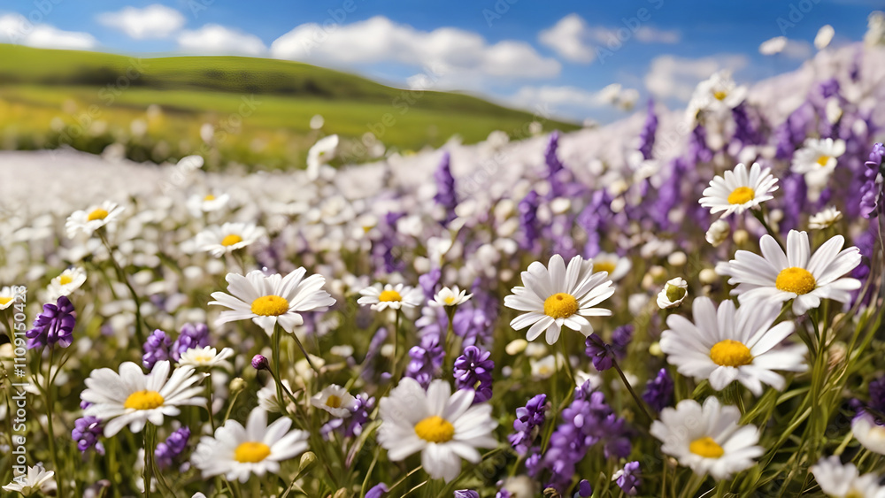 Obraz premium Spring Meadow – A panoramic view of a lush field filled with blooming white daisies and delicate purple bluebells, basking in the soft spring sunlight.