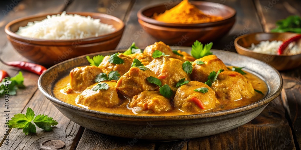 Deliciously Creamy Chicken Curry Served with Fragrant Rice, Captured in a Beautiful Rule of Thirds Composition, Perfect for Culinary Blogs and Recipe Websites Deliciously Creamy Chicken Curry Served with Fragrant Rice, Captured in a Beautiful Rule of Thirds Composition, Perfect for Culinary Blogs and Recipe Websites