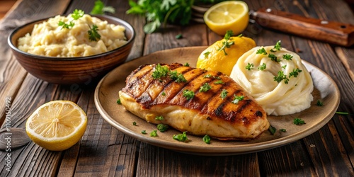 Wallpaper Mural Deliciously Creamy Mashed Potatoes Accompanied by Grilled Chicken and Fresh Lemon Slices on a Rustic Wooden Table Setting for Culinary Photography Torontodigital.ca