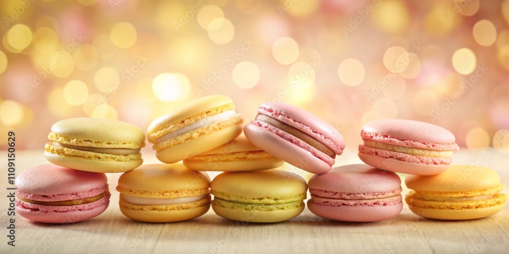 Obraz premium Delightful Macarons Arrangement on Pastel Background - Sweet French Dessert in Yellow and Pink Colors with Bokeh Effect for Culinary and Food Photography