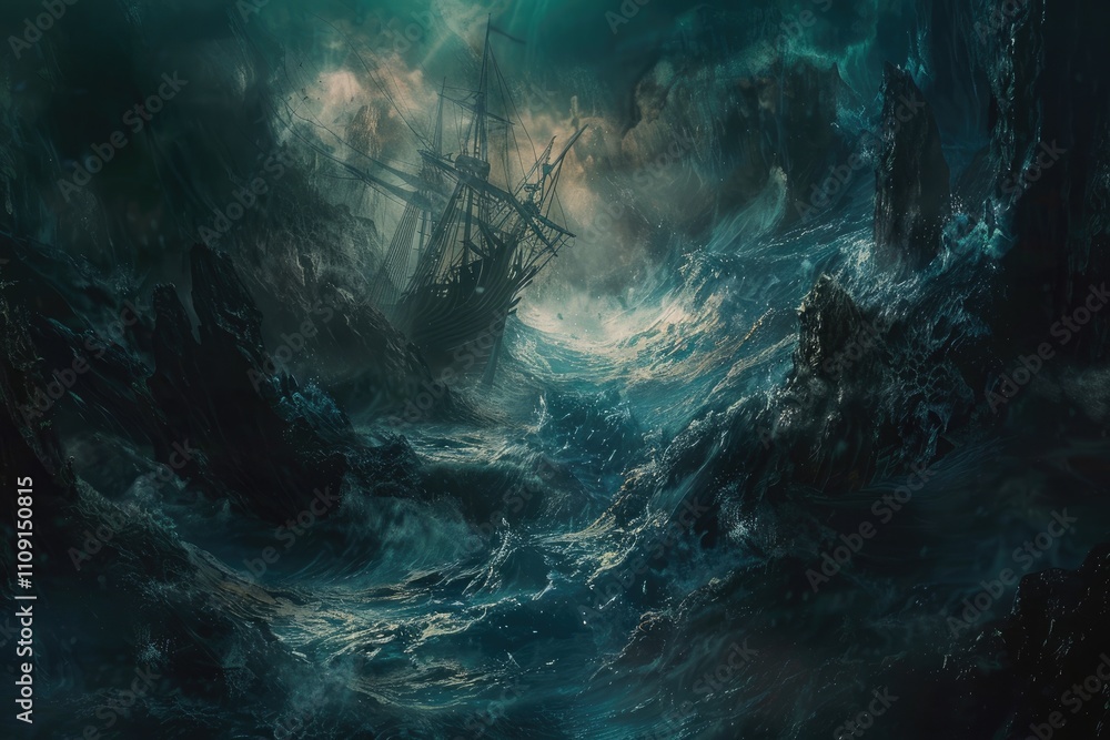 Obraz premium A Ship Bathed in the Gloom of a Stormy Sea