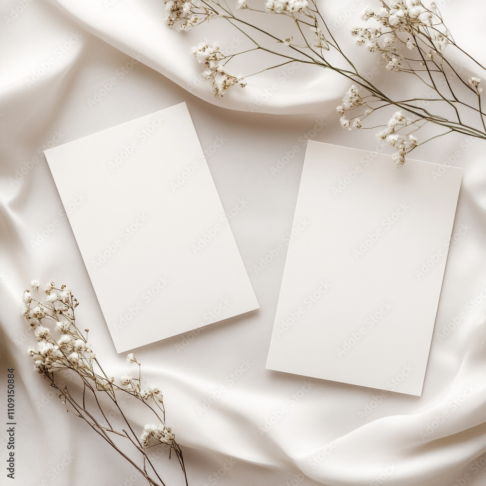 Blank Cards Mockup White Cards on Cream Fabric with Flowers Blank Cards Mockup White Cards on Cream Fabric with Flowers