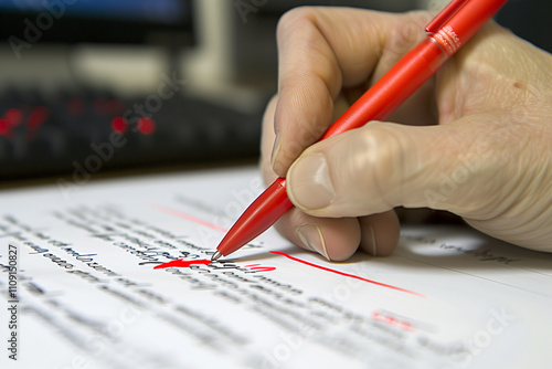 Hand holding a red pen, making corrections on a document.	
