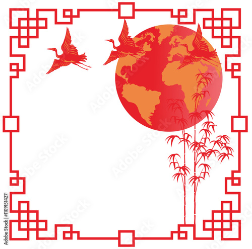 Chinese New Year frame with moon,bamboo and crane,vector