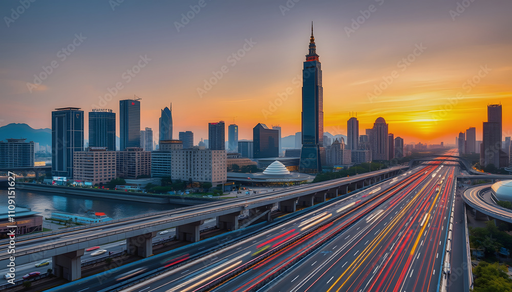 Obraz premium Sunrise time lapse Nanjing city famous international youth cultural center River Bridge traffic flow rush hour near skyline skyscraper high landmark buildings with a white accent, png