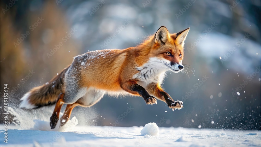 Fototapeta premium Red Fox Winter Hunt: Macro Snow Jump Mouse Capture