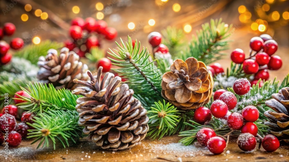 A Festive Arrangement of Pine Cones, Berries, and Evergreen Branches, Decorated with a Delicate Layer of Snow A Festive Arrangement of Pine Cones, Berries, and Evergreen Branches, Decorated with a Delicate Layer of Snow