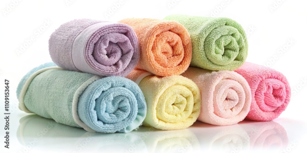 A Vibrant Stack of Rolled Towels in Soft Pastel Colors Isolated on White, Symbolizing Freshness and Comfort for Spa and Home Decor Concepts A Vibrant Stack of Rolled Towels in Soft Pastel Colors Isolated on White, Symbolizing Freshness and Comfort for Spa and Home Decor Concepts