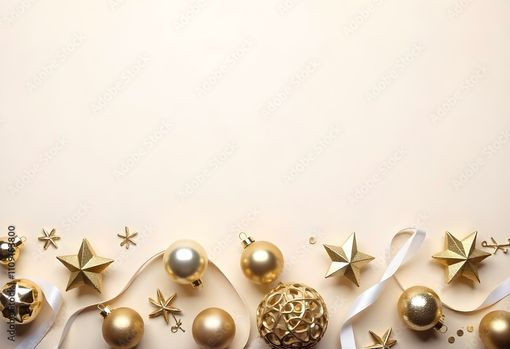 Fototapeta premium A festive holiday background with golden ornaments, ribbons, and other decorative elements on a light beige surface