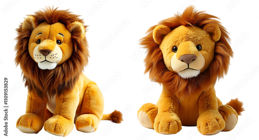 Fototapeta premium Pair of Adorable Stuffed Toy Lions with Bushy Manes on Display isolated on a white background