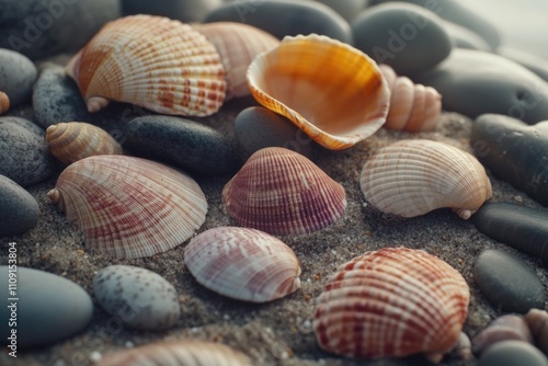 A collection of seashells and rocks found on the beach, great for travel or nature themes photo