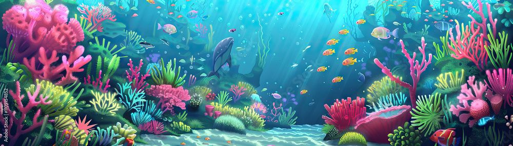 Fototapeta premium Underwater Adventure: Underwater adventure colors like ocean blue, coral reef pink, and sea creature green create an underwater adventure theme