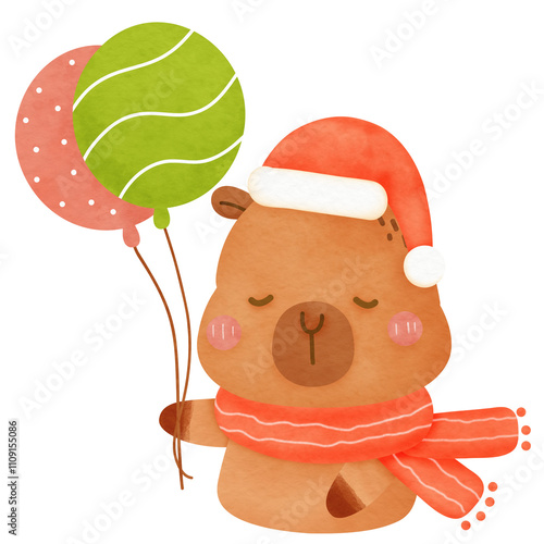 Cute cartoon watercolor Capybara Christmas character decoration new year party greeting card