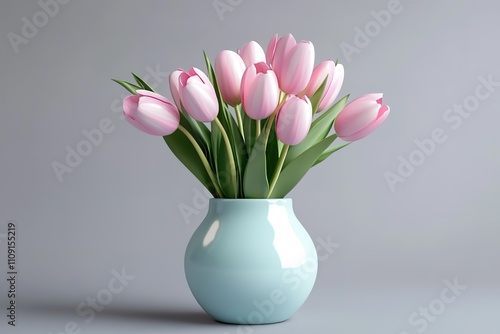 A vase of pink tulips sits on a grey table