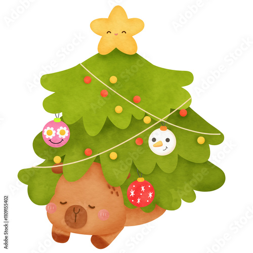 Cute cartoon watercolor Capybara Christmas character decoration new year party greeting card