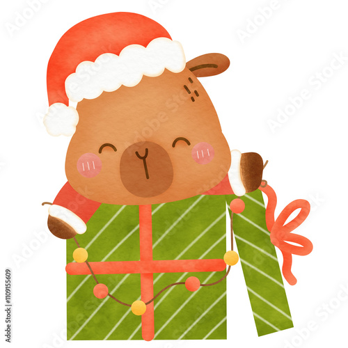 Cute cartoon watercolor Capybara Christmas character decoration new year party greeting card