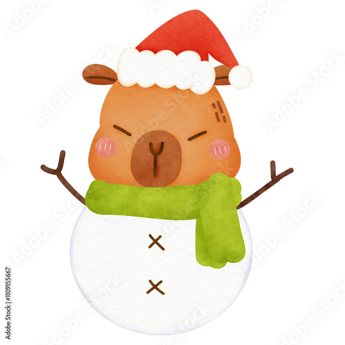 Cute cartoon watercolor Capybara Christmas character decoration new year party greeting card