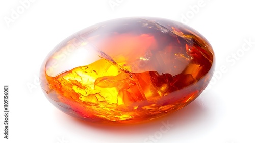 Fire opal stone on white background. Natural fire opal gemstone. A glowing stone on white. photo