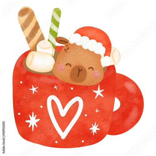 Cute cartoon watercolor Capybara Christmas character decoration new year party greeting card