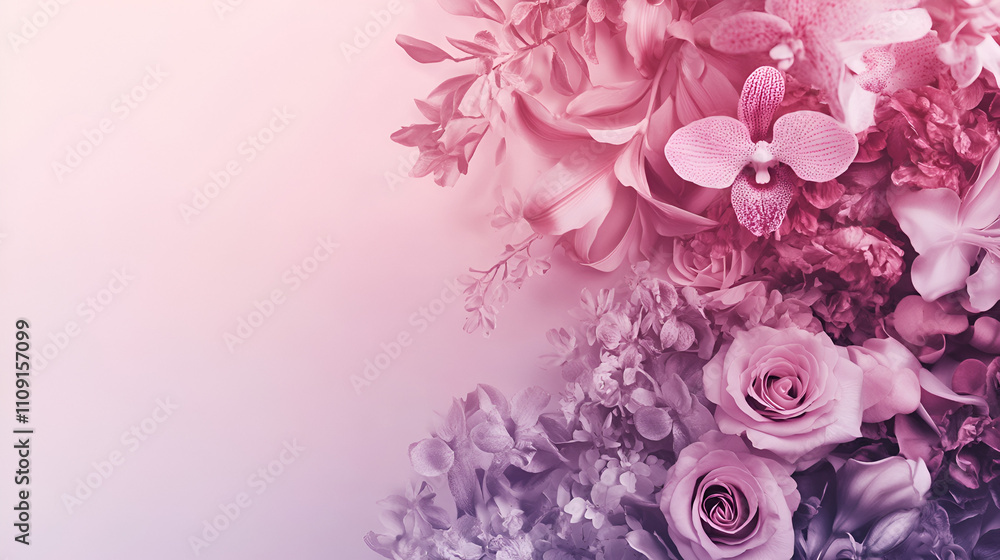 Fototapeta premium A stunning floral background featuring roses and orchids in gentle pink hues, perfect for wedding invitations or romantic design projects.