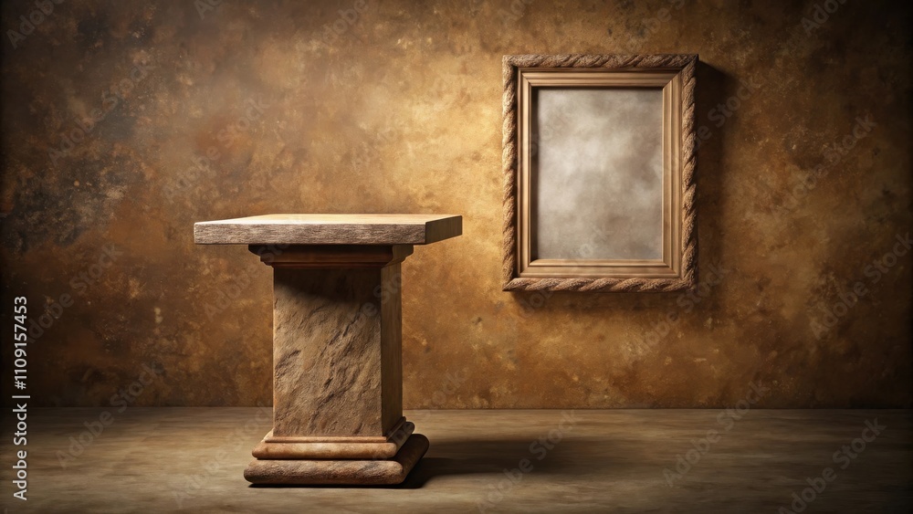 A solitary stone pedestal and a framed blank canvas against a textured brown backdrop A solitary stone pedestal and a framed blank canvas against a textured brown backdrop