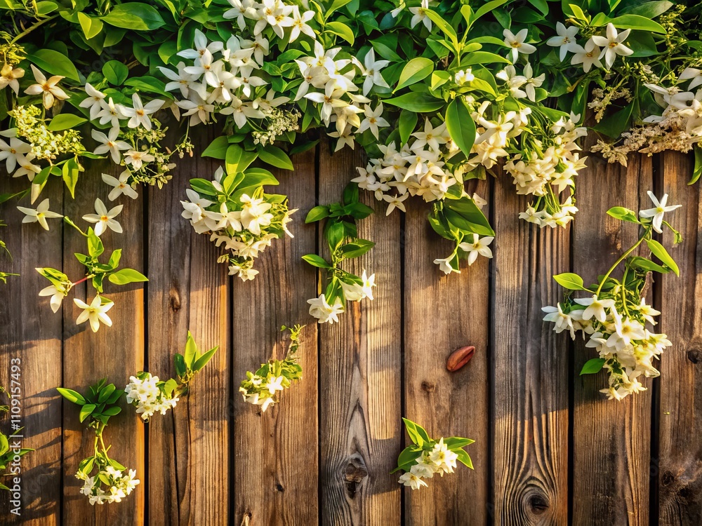 Aerial View of Fragrant Jasmine Flowers in Full Bloom Cascading Over a Rustic Wooden Fence Surrounded by Lush Greenery and Soft Natural Light Enhancing the Scenic Beauty Aerial View of Fragrant Jasmine Flowers in Full Bloom Cascading Over a Rustic Wooden Fence Surrounded by Lush Greenery and Soft Natural Light Enhancing the Scenic Beauty